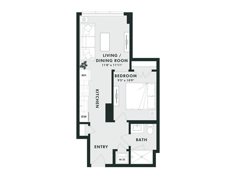 Floor plan for 1 bed, 1 bath, 531 sqft